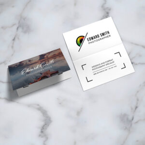 Twice Folded Standard Business Card displaying the company logo and contact information